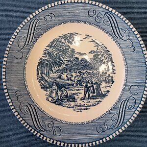Vintage Currier and Ives Bread and Butter Plate: Blue & White Harvest Scene